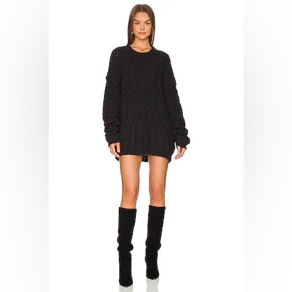FREE PEOPLE Isla Cable Stitch Tunic Black Chunky Sweater Loose Fit Oversized Top - Picture 6 of 17